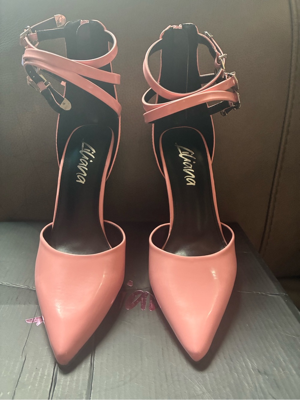Pink Pointed-Toe Ankle-Strap Pumps